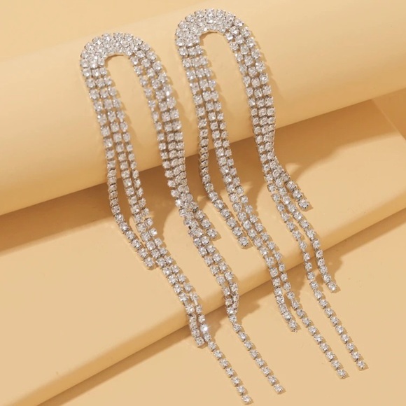 925 Sterling Silver Rhinestone Tassel Drop Earrings - Picture 2 of 4